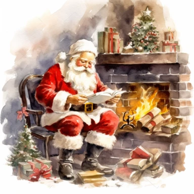 Clipart on White Backgraund Traditional Red Santa Claus Checking His List Panel by the fireplace Water color