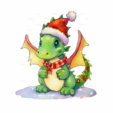 watercolor dragon christmas character clipart on white background, flat design, watercolor bright high resolution