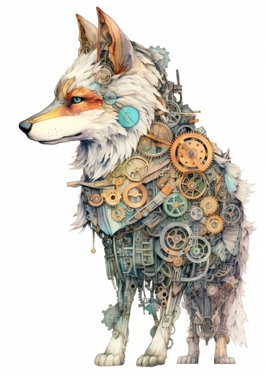 Steampunk Gray wolf clipart, realistic, Watercolor Retro Futuristic Victorian Era, art picture, full body, watercolor, multicolor, white background, lots of details, high quality - 8K,