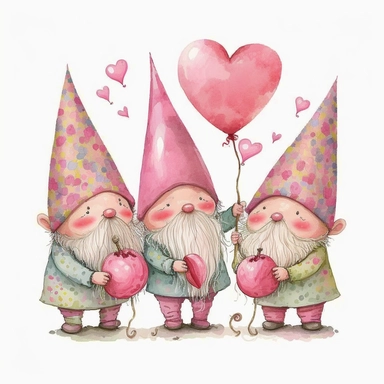 Watercolor happy 3 pink gnomes valentine theme with pink heart balloons, Clipart, Colorful, Retro, highly detailed on white background