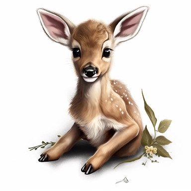 Create a charming and adorable cute baby deer clipart in hyper realistic style against a white background. It should feature a playful and whimsical representation of a baby deer , with exaggerated features such as large ears, set against a clean and simple white background, with the focus on the seal expressive face. deer should have fluffy lovely fur that is smooth. It should Look young and cute, fur color should be in HDR. face should be happy and looking at viewer. Eyes should be big and cut