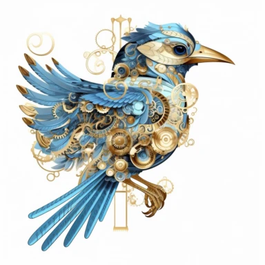clipart, isolated on white background, a bird with gold and blue design, in the style of detailed science fiction illustrations, ivory, mysterious backdrops, quadratura, fairycore, wimmelbilder, fantastical machines