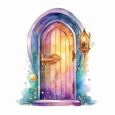 cartoon fairy door, glowing lights and sparkles, colors of green purple gold and blue, glamorous realistic and detailed, watercolor, white background with margins, clipart style