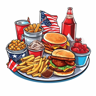 Independence day cookout food, Clipart, 4th of july, white background, crisp detail, cute, cartoon, black outline, vibrant