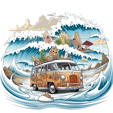 Visualize an awe-inspiring moment: a van cruising along a massive wave, surfboards displaying intricate designs, surrounded by breathtaking cliffs and a pristine sandy beach, against a clean white backdrop, mystical, illustration style, white background, clipart, PNG pure white background, high resolution, hyper detailed, best quality, high detailed illustration