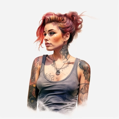 watercolor style, a beautiful girl with clearly visible tattoos, type of a creative person: graphic designer, freelancer, fashion designer, content manager or similar. Expressing freedom and self confidence. Modern and bold look. Realistic colors. Realistic picture. Tattoo of a good quality with clearly visible lines and colors - very sharp and clear. Clipart, isolated on white background, 4K