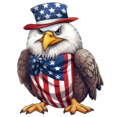 4th of July Patriotic Clip art of patriotic cute eagle, png Full body realistic cartoon in 32K UHD cute, 15 cm thick outline. Black color, 8k with realistic watercolors and detailed illustrations. PNG clipart, transparent white background