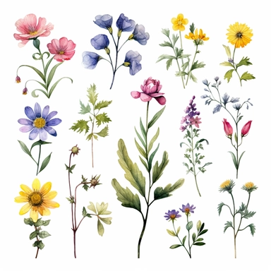 A charming and whimsical set of watercolor wildflower botanical floral clipart, consisting of a diverse assortment of hand-painted wildflowers in vibrant, yet soothing colors. The artist demonstrates their mastery of the watercolor medium by depicting the delicate petals, leaves, and stems with exquisite detail and fluidity. The clipart collection features an assortment of wildflowers, including cornflowers, buttercups, and wild roses, ideal for crafting a lovely and inviting design for various 