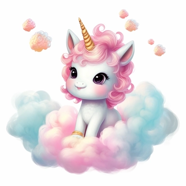 d cute adorable baby unicorn on fairy cloud,enchanment,magical journey,innocence,playful,adorable,fantasy,wonder,clipart,white background,colorful