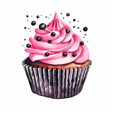 Watercolor pink and black birthday cupcake drawing, illustration clipart, high detailed, white background, digital art