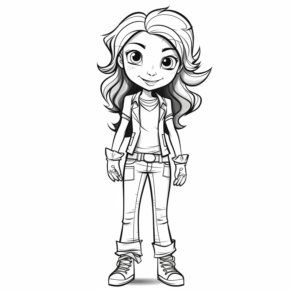 girl doll style smiling, black contour thin lines, arms crossed, jeans ...