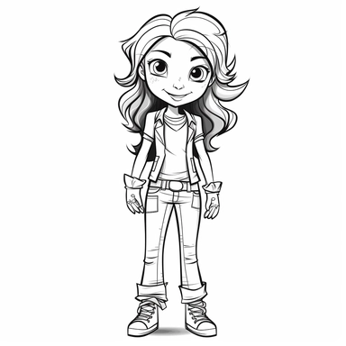 girl doll style smiling, black contour thin lines, arms crossed, jeans, sneakers, long disheveled hair, cartoon clip art, cute eyes, illustration for kids, disney