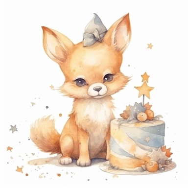 cute watercolor newborn soft beige baby fox toy smiling with stars and birthday cake, watercolor effect, isolated white background, babyshower clipart, soft beige tones