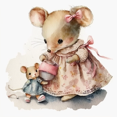 clipart watercolor realistic cute little mouse is playing with dolls and is dressed like a girl