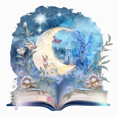 fantasy scene coming out of an open book, moon fairies stars, florals, magical, watercolors, Clipart, pastel blue color theme