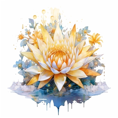 PIERCING snow lotus banana oak tree, oak white fire BLUE flame, light, golden sun, mighty flowers, pristine, sparkling, white flame, fire light mega epic flowers of epicness, cool and spiky, owning everything, floral art, no background, beautiful, no text, clipart, watercolor