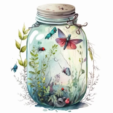 fantasy illustration, glass jar with batterflies and ladybirds, watercolor clipart style, no letters, vibrant colors