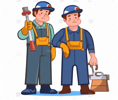 a plumber and a carpenter, cartoon cliparts and vectors, in the style of oil and enamel paintings, navy, hallyu, sketchfab, history painting, bright color blocks, ready-made