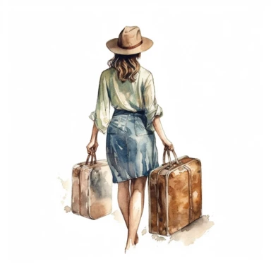 vintage back travel woman with hat holding luggage, whole body girl, Watercolor style, Clipart,on white background with margins