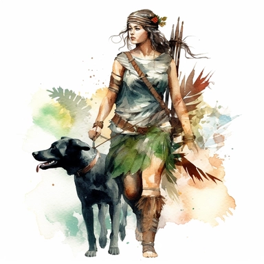 Fantasy Style Ancient Rome style Hunter Woman and hunting dog with watercolor effect,Bay leaves,suitable for digital clipart,white background,Mythologic Scene,Ancient rome fashion