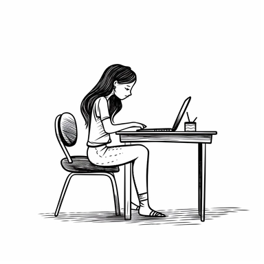 Imagine a white background and a simple black and white cartoon clipart portraying a girl engrossed in her work. From a front view perspective, she sits in front of a table with a laptop, completely absorbed in her task. Let your imagination soar as you envision the story hidden within this minimalist scene.