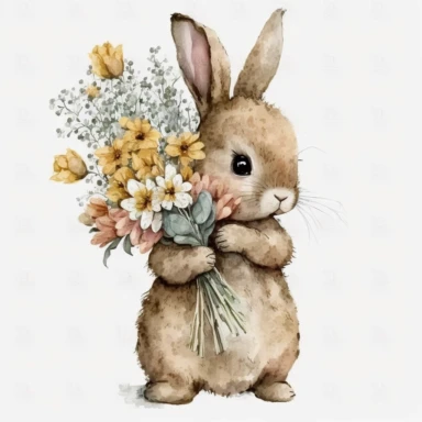 Little bunny holding flowers, clipart, High Quality, white background, Watercolor