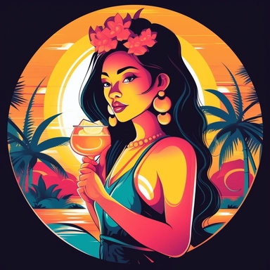 Illustrate a clipart image showcasing a beautiful thai woman with radiant eyes that shine brightly drinking a glow in the dark, neon, coconut. Use a rich and diverse color palette to enhance her appearance, and ensure the image is detailed and crisp. The background should be pure white