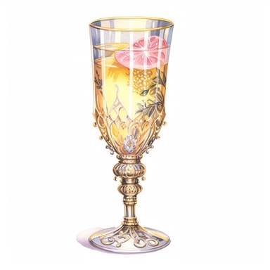 vintage style Detailed light and shadow, 2D outline, A beautifully patterned neo rococo Victorian baroque hyper realistic glass of champagne in varying hues of pale pink, blue and yellow, stunningly beautiful, refined and sophisticated, Hand drawn, cicely mary barker ,realistic watercolor, Clipart, emotionally pleasing watercolor, i can't believe how beatiful this is,accurate detailed line art, white background, intricate detail, clean line art, saturated fantasy watercolor