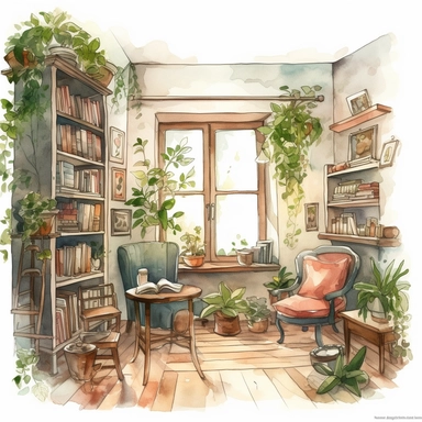 a watercolor clipart of a bookroom with a big window, white background clipart, plants and nature, in the style of darkly romantic illustrations, uhd image, studyplace, fairycore, charming character illustrations, embroidery art, lively nature scenes, portal to the next round portal--q 2