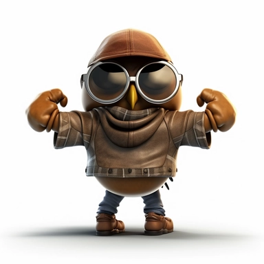 please create pixar style character clipart of an owl dressed like a rapper, back view with arms flexing