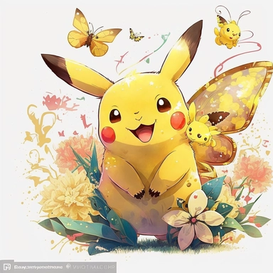 clipart, hand painted, watercolor, vectors, sharp focus, highly detailed, Pikachu ,smile on the face,Chinese New Year, happy Celebration, bright background,Colorful butterfly behind, Cute, Cheerful, pixar style, flowers in the air,wide shot,--vr 9:16