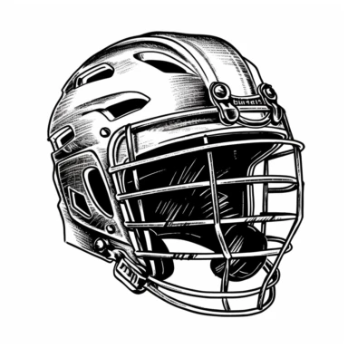 black and white drawing of a hockey helmet, dover clip art style, simple, no color, vector