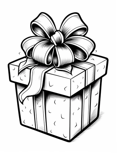 cute cartoon clipart of a Birthday present, big bow in the style of Pierre-Auguste Renior black and white coloring book, black and white smooth thick lines, solid white background, no background
