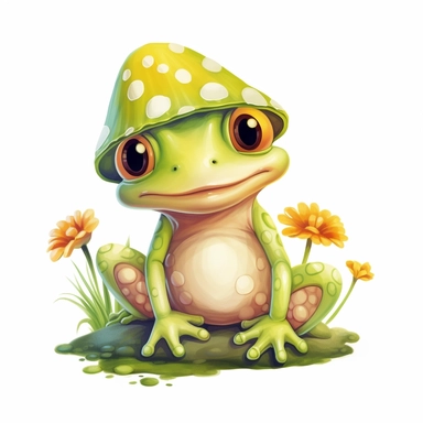 single clipart image png graphic frog cartoon, mushrooms cartoon, flower cartoon, pastel soft colors , png, white background