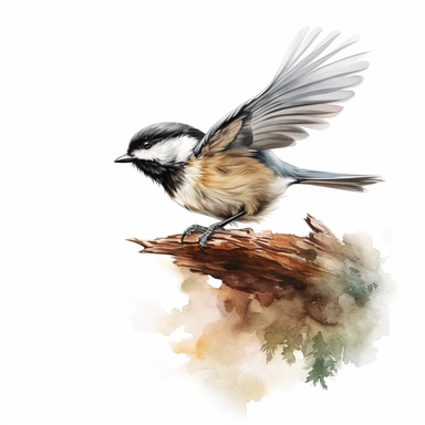 realistic watercolor chickadee jumping on tree trunk , on white background, spaced out, clipart