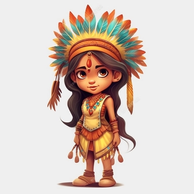 Cute Beautiful Native american Indian girl Full Body Sublimation Clipart,Cartoon,hyper realistic, intricate detail, illustration style,high solution,on the white background