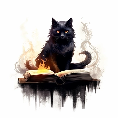 clipart of a black cat sitting on a book and viewing a fire, in the style of master of shadows, realistic depiction of light, eve ventrue, enigmatic characters, made of mist, tenebrism mastery, characterful animal portraits, isolated on flat white background