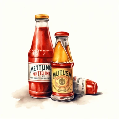 very detailed clipart of one vintage bottle of ketchup and one vintage bottle of mustard, surrounded by white background, wide shot, very detailed, watercolor illustration, white background, cinematic, high quality, 32 k,