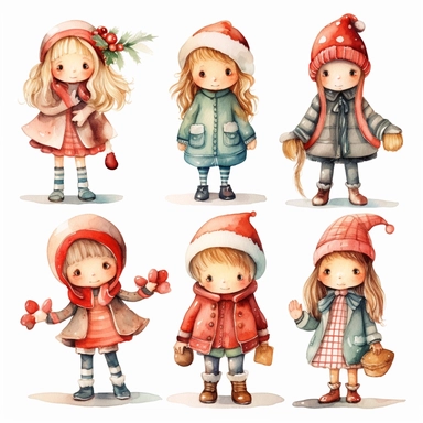 Watercolour cartoon style christmas clipart variations, simple, vector, 8k