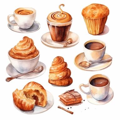 Morning coffee and swets watercolor clipart collection. Espresso shot, brown sugar. croissant, cakes, cinnamon. Hand drawn desserts delicate Colours