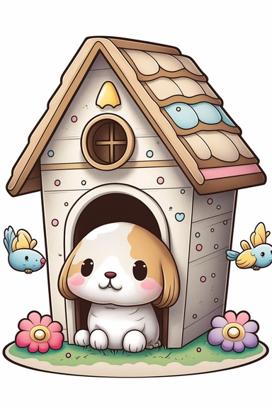 clipart with white background of a doghouse in the style of mystical fantasy, magical, kawaii style