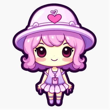 kawaii happy character in cute purple candy outfit with hat and dress, single clipart on white background, sanrio style characters, svg, eps,