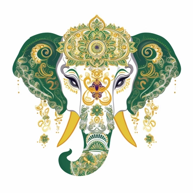 Flat illustration, Delicate embroidery depicts the head of traditional Chinese elephant head dance, with green and gold as the main colors, bright lighting, unimaginable details, a lot of negative white space, uhd, 16k,white background, clipart