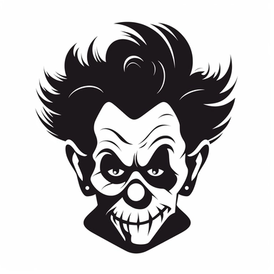 black and white silhouette of a scary halloween clown, clipart style, white background, thick lines, vector, simple design, flat colour, solid colour, halloweencore