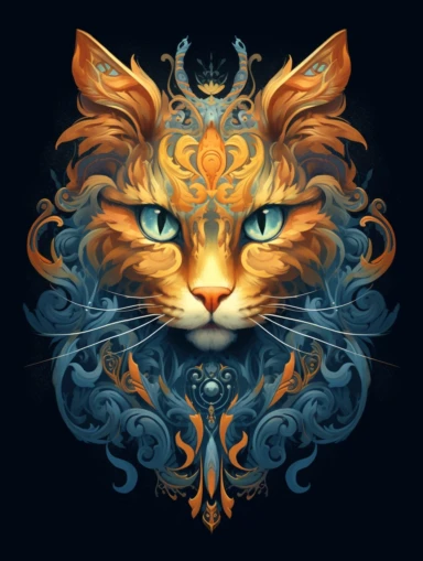 A cat portrait in a gold dress with ornate gold tattoo, in the style of dark blue and light aquamarine, fractal patterns, mind - bending murals, dark cyan and orange, zbrush, depictions of animals, distinctive noses, clipart png, photorealistic, watercolor, digital painting, WHITE BACKGROUND, fantasy style, realistic, painting, 8k, ultra details,