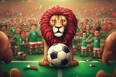 lion atlas, national football team celebrating, cartoon, world cup 2030, clipart, background of stadium full of supporters, red and green, moroccan flag, detailed, ultra HD, charismatic, creative,detailed faces, ultrarealistic, passion, one lion holding a ball, many lions behind him celebrating ,fierce,