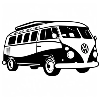 minimalist vw caravan car black silhouette clipart, simple line art, just outlines, cut out, white background