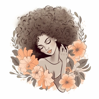 Clip art, low detail, Black Woman with Afro, Self-Acceptance and Serenity mood, Soft and Gentle color palette, Illustration of a serene black woman embracing herself with an afro, florals, expressing the affirmation I embrace my authentic self with compassion vector, contour, white background, clipart