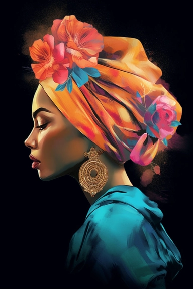 Portrait girl woman wears bandana for curly hairstyles. profile, Shenbolen Ankara Headwrap Women. Traditional Headtie Scarf Turban in tribal zebra fabric design texture watercolor clipart. hot pink blue and orange. gold details on black background watercolor texture. white flowers.