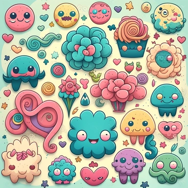 Quirky Whimsical Magical monsters, flower Clipart Cartoon Blossoms, Pastel rainbow loops, hooks, hearts, stars, doodles swirls, silk Decorative buttons, illustration, cartoon, kawaii chibi texture –tile –v 3